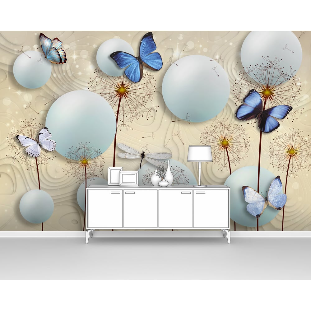 Изображение товара Фотообои 3D цветы 'Шары с одуванчиками и бабочками' 400x260