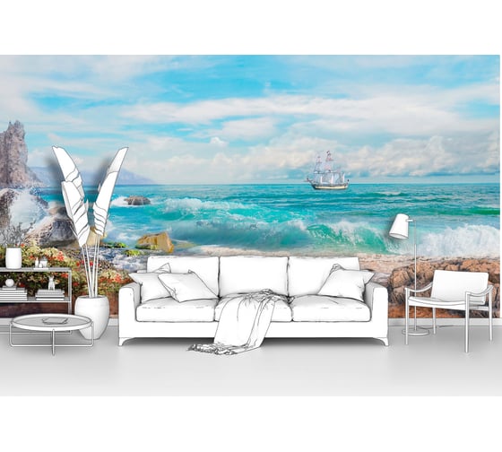 Изображение товара Фотообои море "Парусник у скалистого берега моря" 400x210 ШxВ ООО Первое ателье pw94733