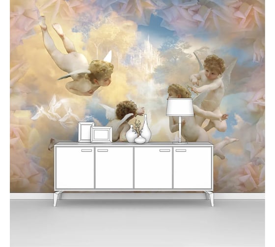 Изображение товара Фотообои "Четыре ангелочка в небе с райскими птицами" 200x145 ШxВ ООО Первое ателье pw28526-2