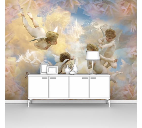 Изображение товара Фотообои "Четыре ангелочка в небе с райскими птицами" 300x220 ШxВ ООО Первое ателье pw28526