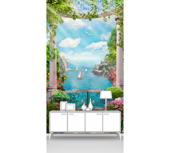 Изображение товара Фотообои море "Балкон с колоннами и видом на залив" 200x400 ШxВ ООО Первое ателье pw78680