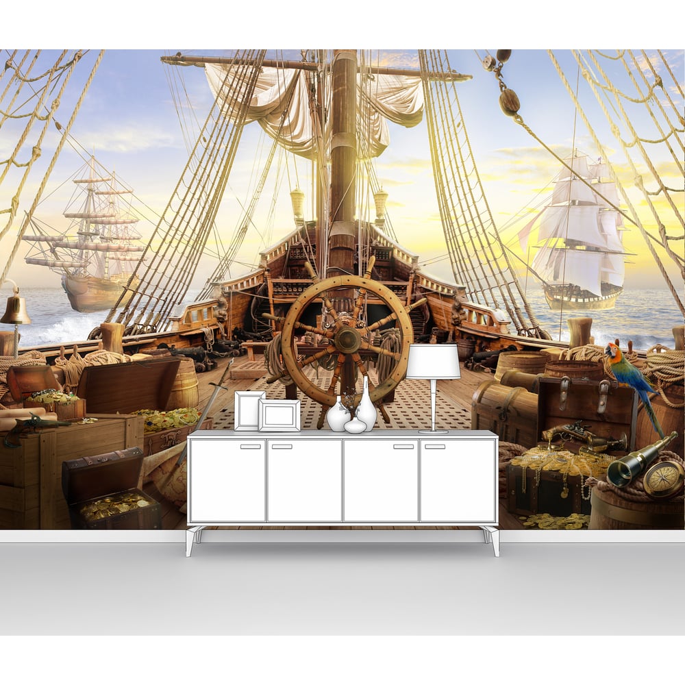 Изображение товара Фотообои Пиратский корабль, палуба парусника со штурвалом 145x100