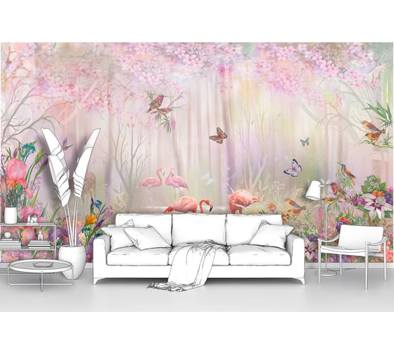 Изображение товара Фотообои птицы "Фламинго на озере в лесу и цветах" 400x220 ШxВ ООО Первое ателье pw78682