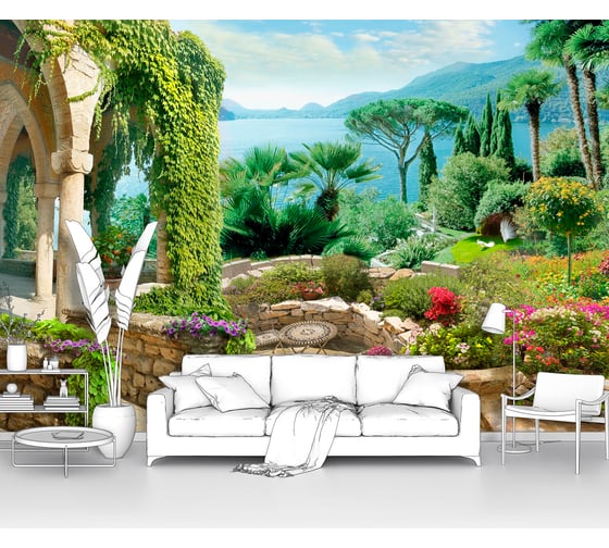 Изображение товара Фотообои "Цветущая терраса в саду у залива" 400x270 ШxВ ООО Первое ателье pw78672