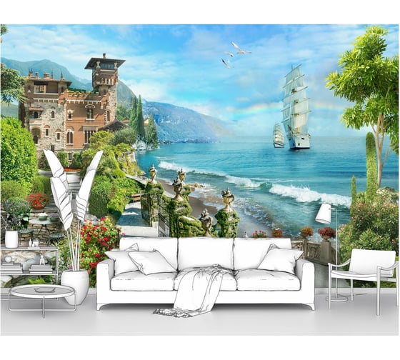 Изображение товара Фотообои море "Городок у залива с парусником" 300x205 ШxВ ООО Первое ателье pw78685-3