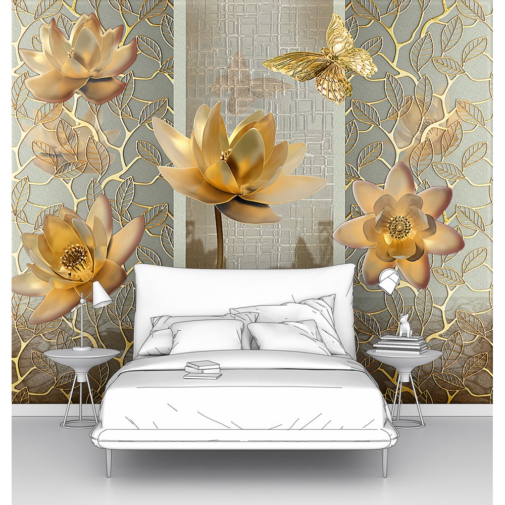 Изображение товара Фотообои абстракции с лотосами и бабочками 200x165 см зеркальная отделка