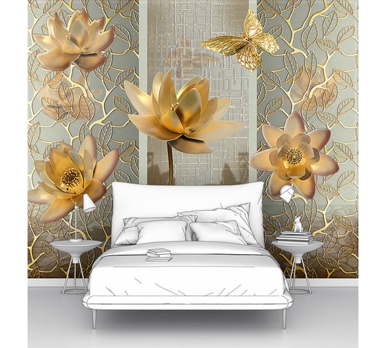 Изображение товара Фотообои абстракции цветы "Лотосы и бабочки в золотом цвете" 200x165 ШxВ ООО Первое ателье pw97397-2