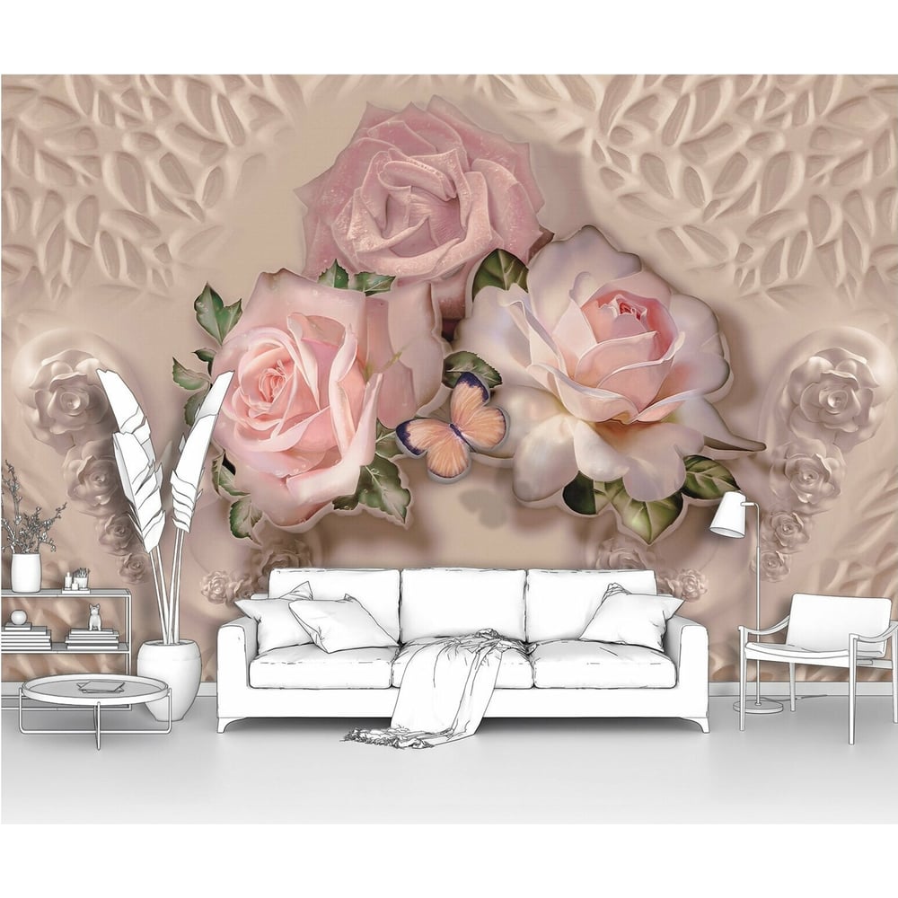 Изображение товара Фотообои Три розовые розы с бабочкой 200x130 см флизелин винил