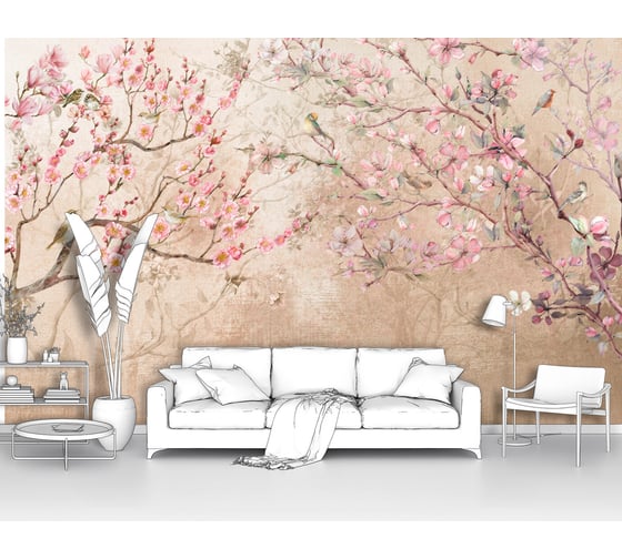 Изображение товара Фотообои дерево "Цветущая сакура на бежевом фоне" 300x190 ШxВ ООО Первое ателье pw98646-3