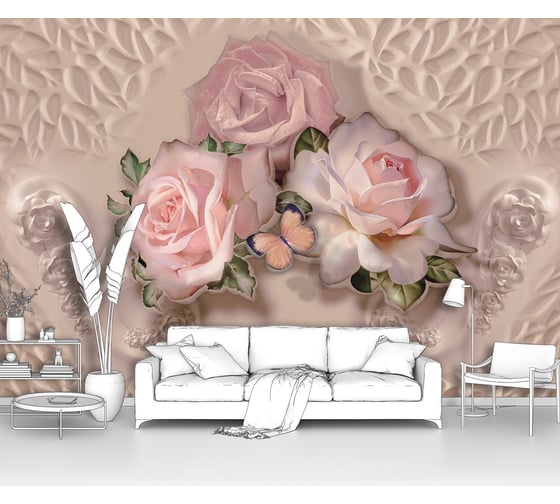 Изображение товара Фотообои "Три розовые розы с бабочкой" 300x205 ШxВ ООО Первое ателье pw97394-3