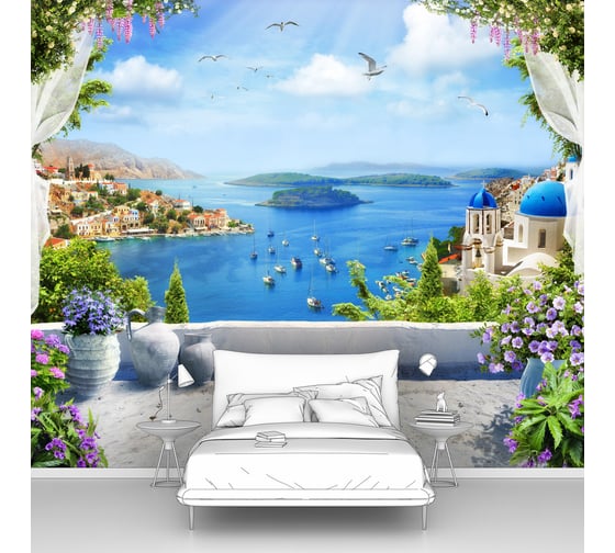 Изображение товара Фотообои море "Белая терраса с видом на город на побережье" 300x250 ШxВ ООО Первое ателье pw94769-3