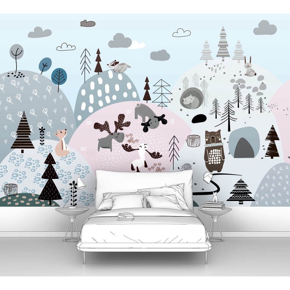Изображение товара Фотообои Woodland-рисованный лес с животными 300x205 см