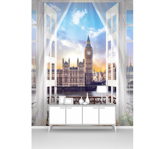 Изображение товара Фотообои окно город "Вид из распахнутого балкона на Биг Бен" 200x290 ШxВ ООО Первое ателье pw93970-2