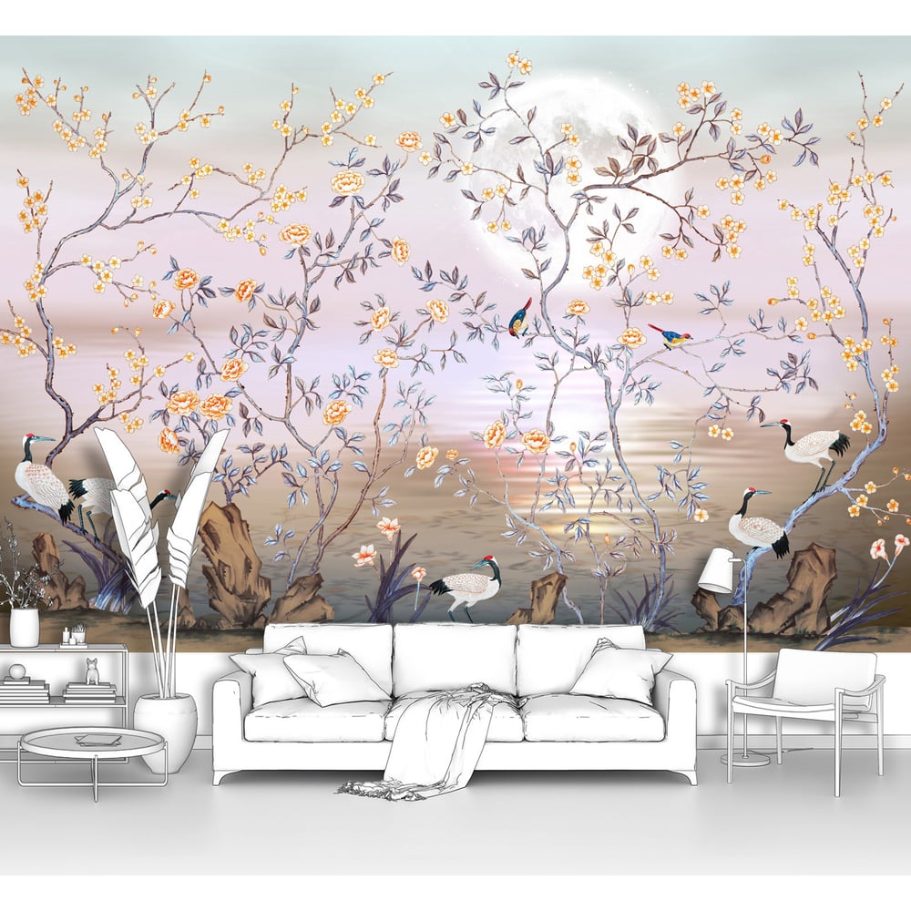 Изображение товара Фотообои Журавли в цветущих кустах 200x130 см винил флизелин песок