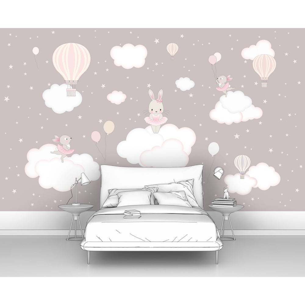 Изображение товара Фотообои Зайчики на облачках 170x100 см для детской комнаты