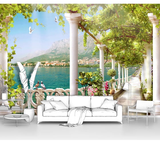 Изображение товара Фотообои море "Зеленый античный коридор вдоль берега моря" 200x140 ШxВ ООО Первое ателье pw141263-2