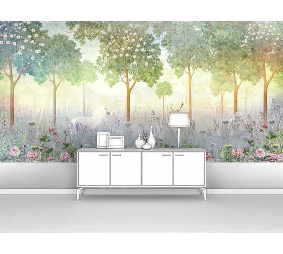 Изображение товара Фотообои лес в тумане "Белая лошадь и олень в туманном лесу" 300x150 ШxВ ООО Первое ателье pw93965-3