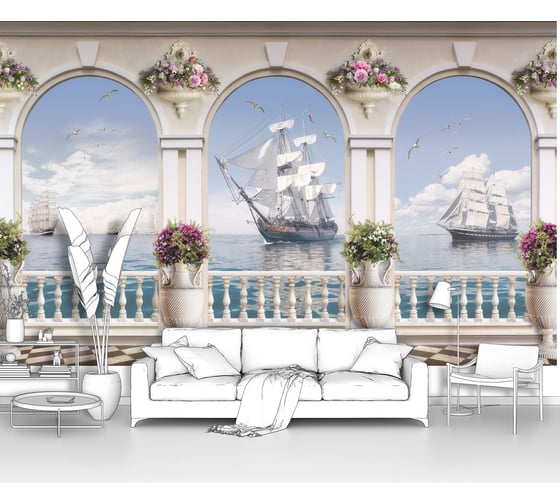 Изображение товара Фотообои море "Вид на парусники с террасы" 200x125 ШxВ ООО Первое ателье pw93990-2