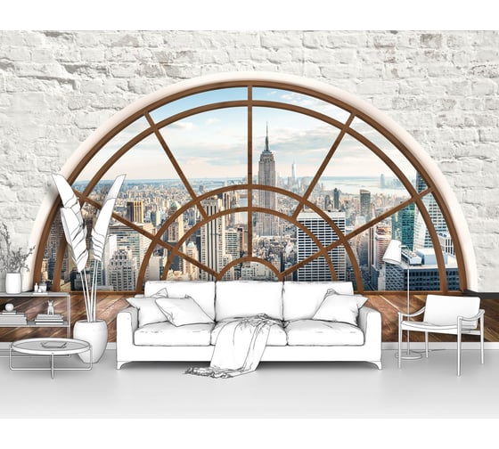 Изображение товара Фотообои "Вид на город сквозь полукруглое окно" 200x125 ШxВ ООО Первое ателье pw94021-2
