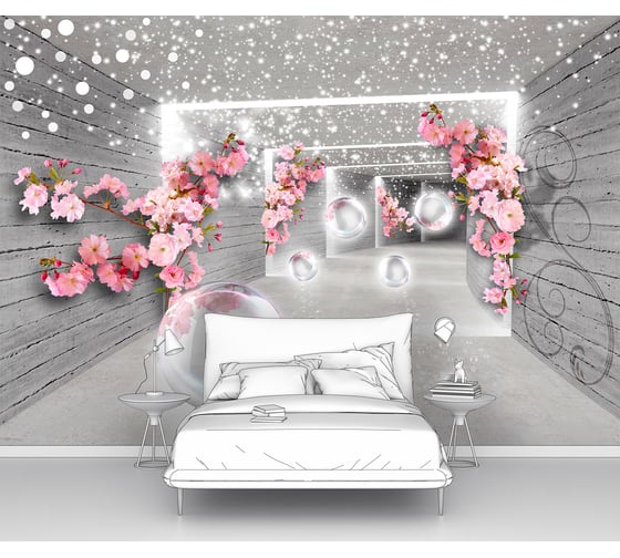 Изображение товара Фотообои 3d абстракции "Веточки вишни с пузырями в тоннеле" 400x280 ШxВ ООО Первое ателье pw141389-4