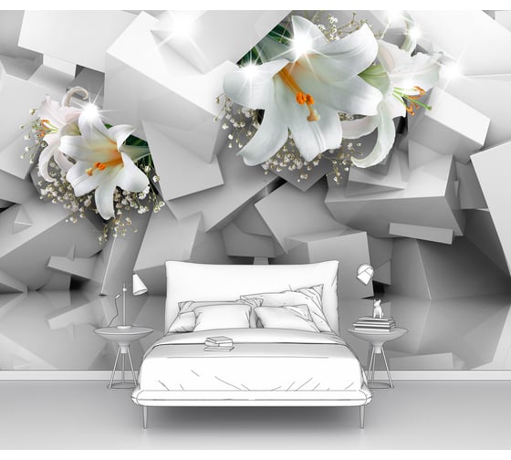 Изображение товара Фотообои 3d абстракции цветы "Лилии в нагромождении кубов" 300x215 ШxВ ООО Первое ателье pw141404-3