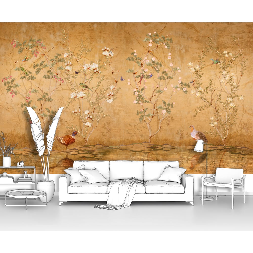 Изображение товара Фотообои розы "Птицы на ветках цветущих кустов" 170x100 см виниловые