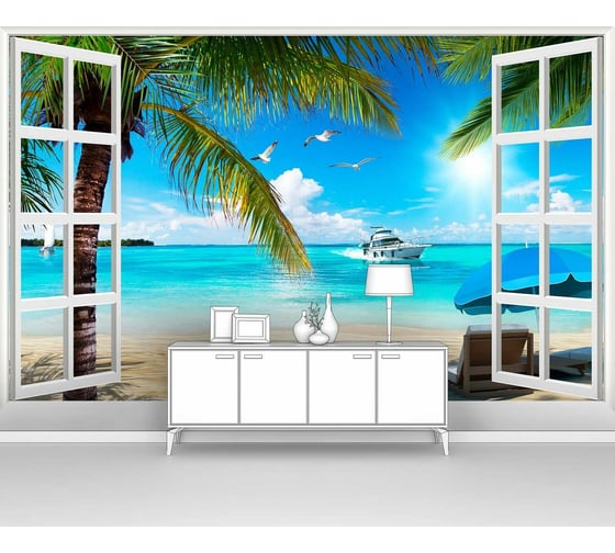 Изображение товара Фотообои море "Пляж с пальмами в открытом окне" 200x125 ШxВ ООО Первое ателье pw141422-2