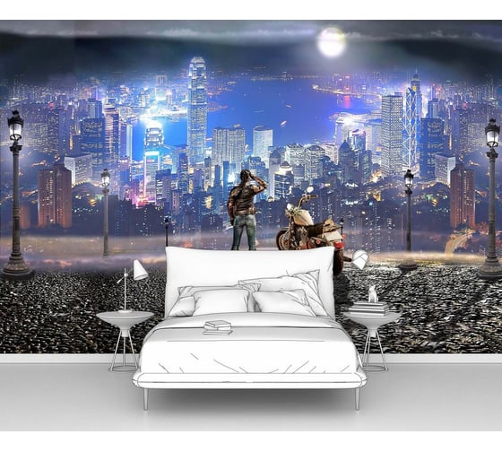 Изображение товара Фотообои город "Девушка с мотоциклом над ночным городом" 300x205 ШxВ ООО Первое ателье pw28587-3