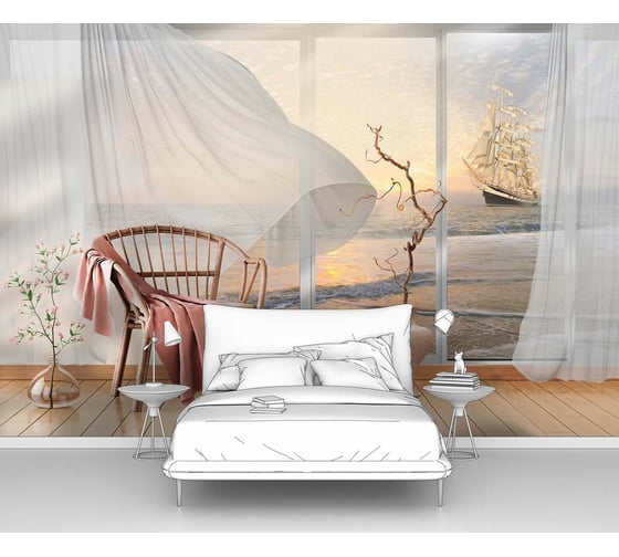 Изображение товара Фотообои море "Вид на залив и парусник через окно" 150x100 ШxВ ООО Первое ателье pw78667-1