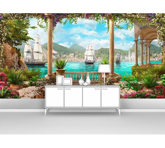 Изображение товара Фотообои море "Парусники в бухте, вид с террасы" 300x160 ШxВ ООО Первое ателье pw70433-3