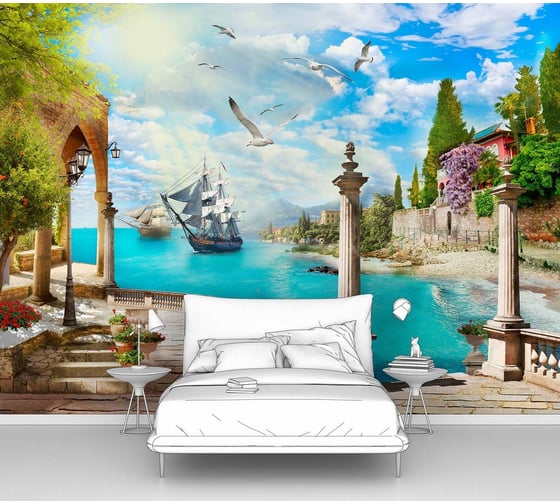 Изображение товара Фотообои море "Парусники в бухте и набережная" 300x225 ШxВ ООО Первое ателье pw78684-3