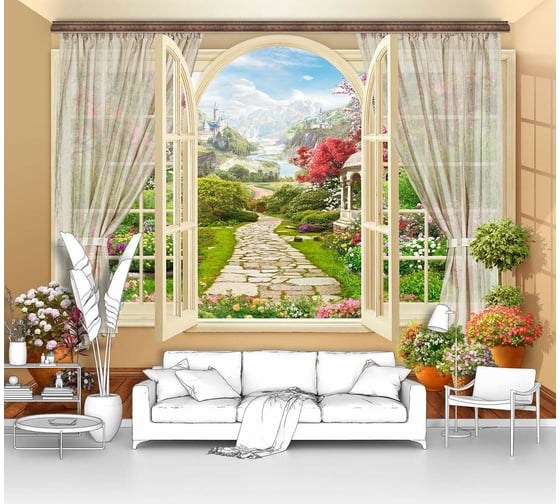 Изображение товара Фотообои окно "Вид из комнаты на дорожку в парке" 300x225 ШxВ ООО Первое ателье pw70443-3