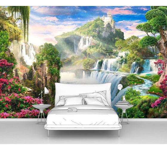 Изображение товара Фотообои горы "Замок на горе с водопадами" 300x205 ШxВ ООО Первое ателье pw70602-3