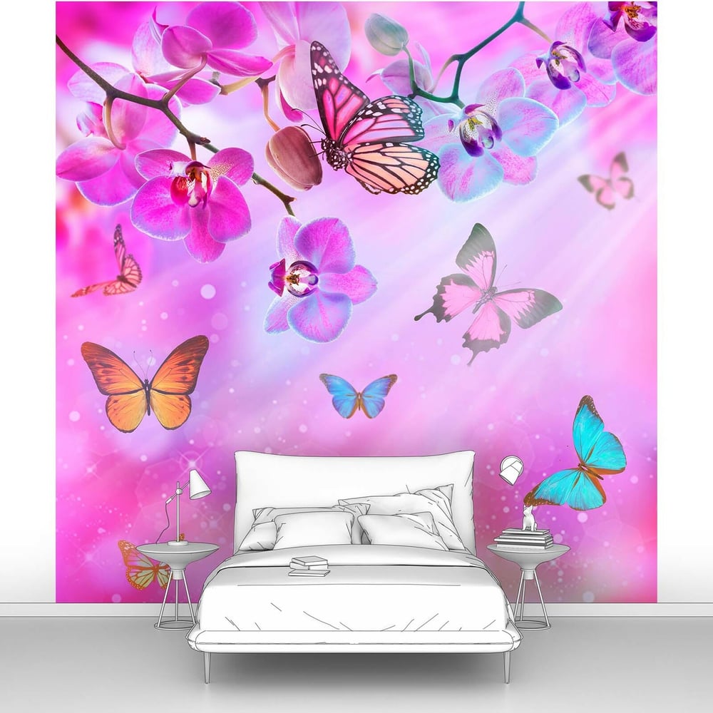 Изображение товара Фотообои цветы Разноцветные бабочки и орхидеи 300x300 см для интерьера
