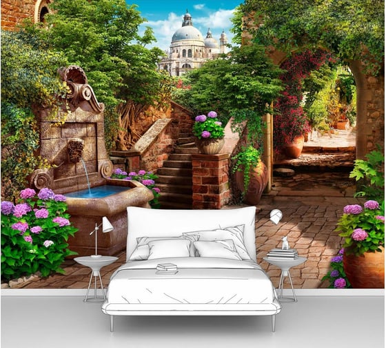 Изображение товара Фотообои город "Улица в старом городе с фонтанчиком" 135x100 ШxВ ООО Первое ателье pw70607-1