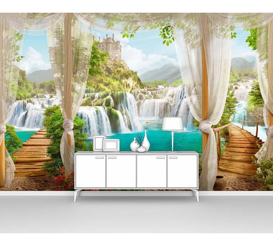 Изображение товара Фотообои природа "Вид из бунгало на природу с водопадом" 300x195 ШxВ ООО Первое ателье pw70760-3