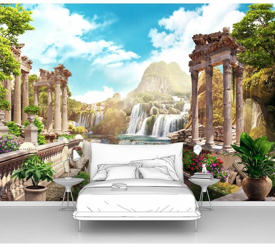 Изображение товара Фотообои горы "Водопады и античная архитектура" 400x290 ШxВ ООО Первое ателье pw70603-4