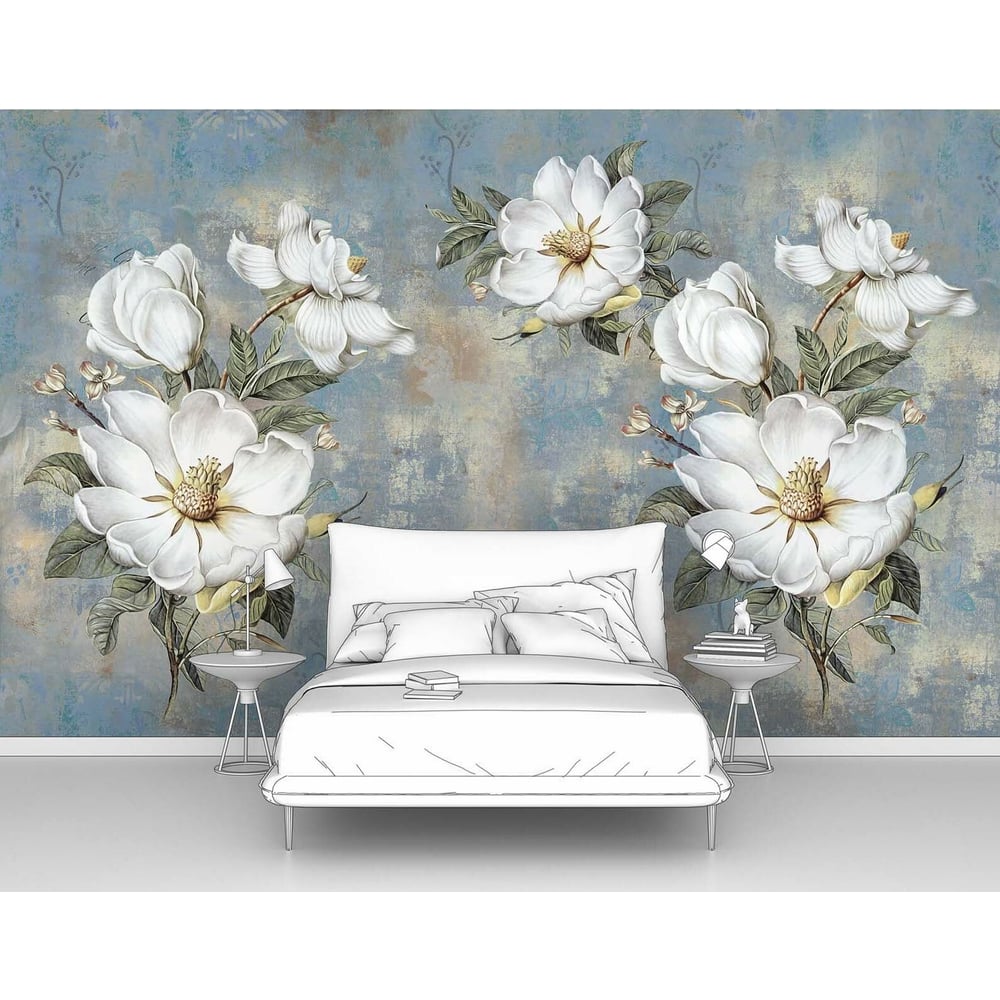 Изображение товара Фотообои цветы бутоны на потертой стене 300x190 см стильное украшение интерьера