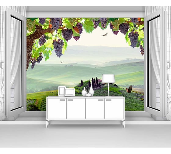 Изображение товара Фотообои окно природа "Виноград в распахнутом окне" 150x100 ШxВ ООО Первое ателье pw95335-1