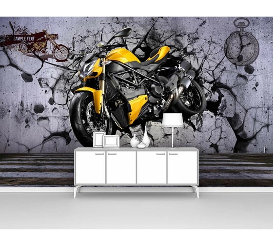 Изображение товара Фотообои лофт "Желтый мотоцикл пробивает стену" 300x190 ШxВ ООО Первое ателье pw94967-3