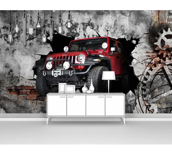 Изображение товара Фотообои машина "Красный джип выезжает из бетонной стены" 300x180 ШxВ ООО Первое ателье pw94969-3