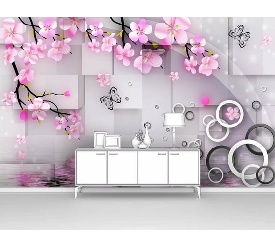 Изображение товара Фотообои 3d абстракции цветы "Сакура на фоне кубов и кругов" 200x125 ШxВ ООО Первое ателье pw95490-2