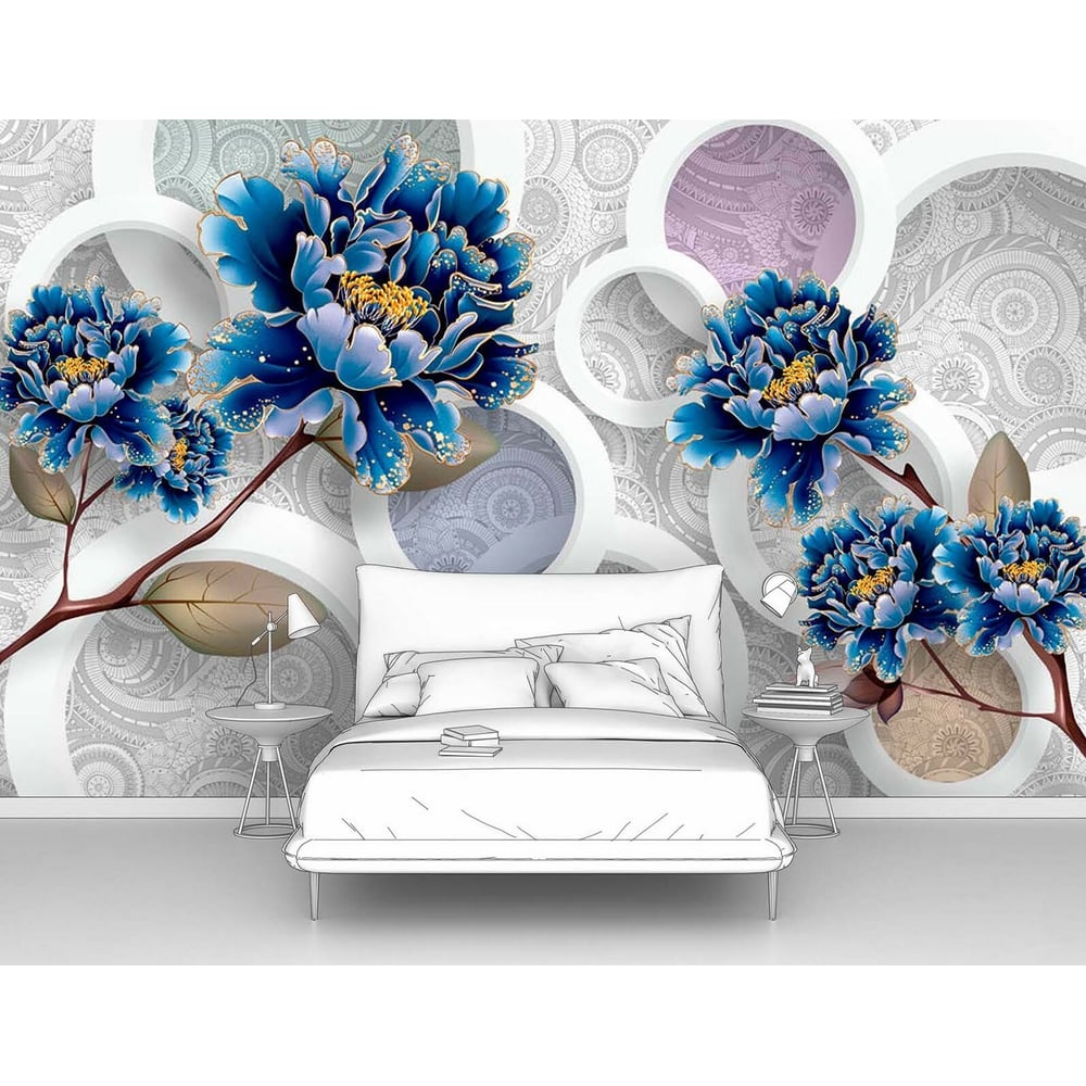 Изображение товара Фотообои 3d абстракции Синие цветы с кругами 400x250 мм