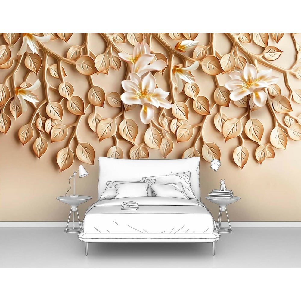 Изображение товара Фотообои 3D абстракции Цветы на лепной листве 160x100 см с высокой влагостойкостью