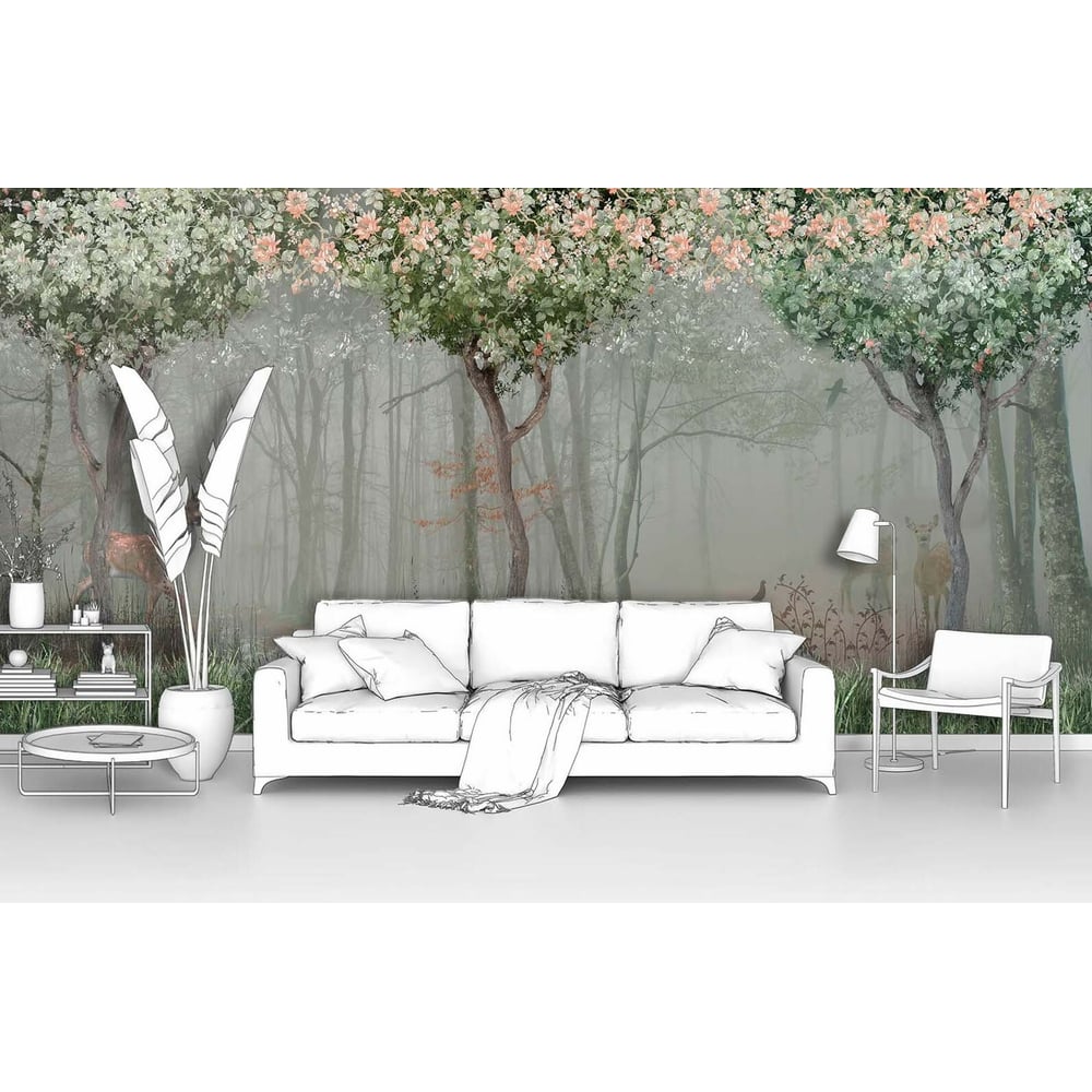 Изображение товара Фотообои Темный и туманный лес с животными 400x200 см, винил, фактура песок