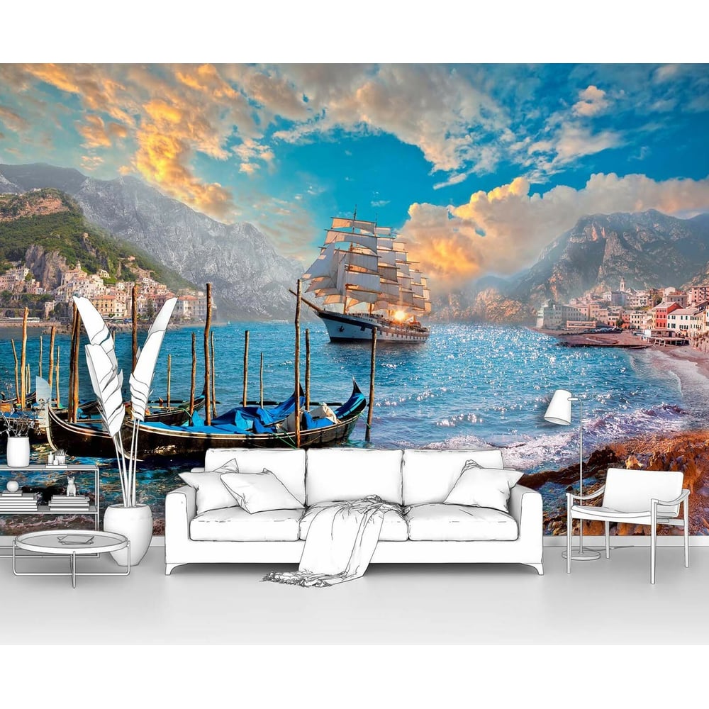 Изображение товара Фотообои Лодки и корабль в море в стиле морской тематики 400x270 см