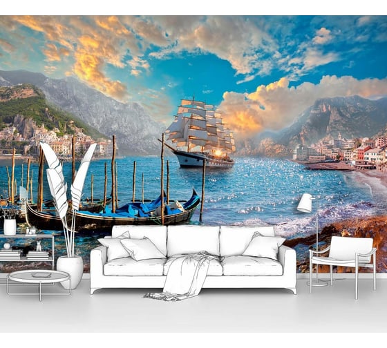 Изображение товара Фотообои "Лодки и корабль в море рядом с городом" 300x205 ШxВ ООО Первое ателье pw28744-3