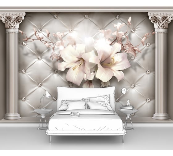 Изображение товара Фотообои 3d абстракции "Лилии на коже со стразами и колоннами" 300x200 ШxВ ООО Первое ателье pw73832