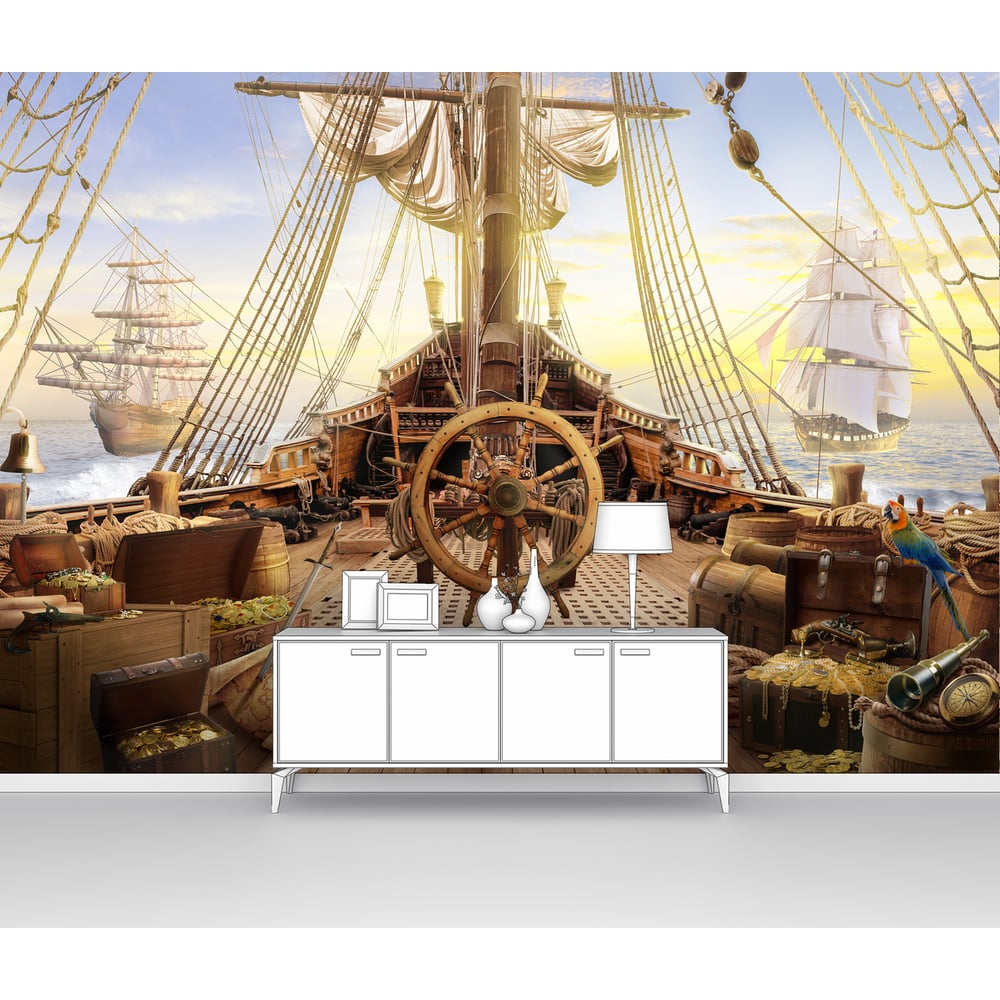 Изображение товара Фотообои Пиратский корабль палуба парусника со штурвалом 400x280 см яркое оформление