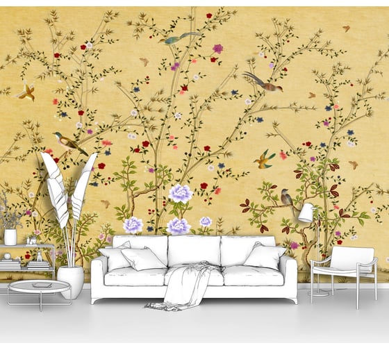 Изображение товара Фотообои "Птички на кустах с розочками в китайском стиле" 300x225 ШxВ ООО Первое ателье pw94070-3